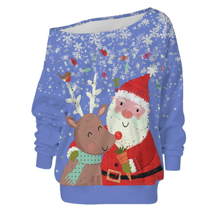 GWAABD Women Crew Neck Sweater Womens Fashion Print Off Shoulder Sloping Sweatshirt
