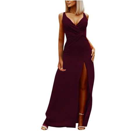 Ersazi Spring Dresses for Women 2023 Women S Fashion England Sleeveless Suspenders Solid V-Neck Slim Split Ankle-Length Dress Slip Dress Blazer Dress 
