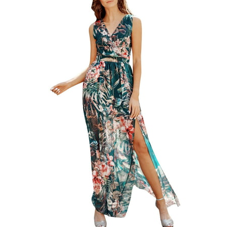 CLZOUD Flowy Summer Dresses Green Chiffon Womens Boho Halter Neck Floral Print Long Maxi Dress Sleeveless Split Ruffle Swing Beach Sundress L