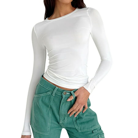 GWAABD Long Tee Shirts Women Crewneck Shirt Long Sleeve Basic Slim Crop T Shirts Knit Ribbed Layer Tee Tops Fashion Streetwear