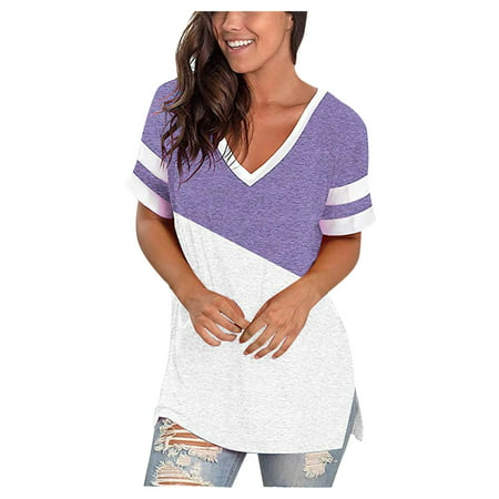 GWAABD Women S Shirts Neck Patchwork Sleeve Striped Color V Shirts Block T Fits Top Short Women S Women S Blouse