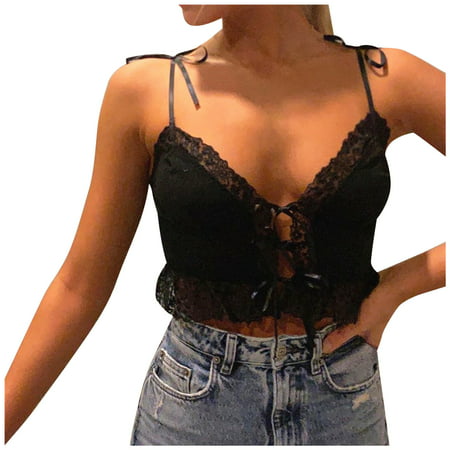 CLZOUD Womens Casual Basic Crop Tops Slim Fit Black Cotton Blended Women Chest Tie Hollow Lace Stitching Umbilical Inner Strap Vest Top M