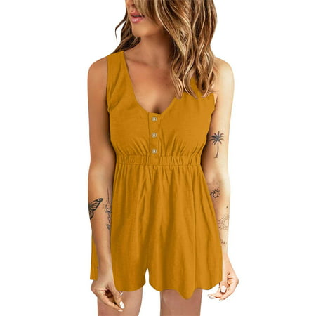 GWAABD Jumpsuits for Women Strap Womens Summer Casual Shorts Jumpsuit Plain Scoop Neck Button Down Sleeveless Tank Top Rompers with Pockets