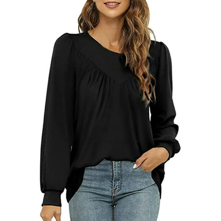 GWAABD Neutral Shirts for Women Womens Fashion Long Sleeved Shirt Round Neck Front Pleated Long Sleeved Solid Shirt Fall and Winter Casual Solid Basic