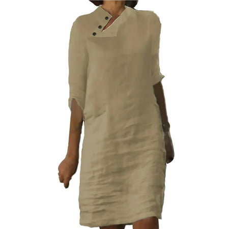 CLZOUD Women S Casual Dress Khaki Cotton and Linen Casual Stand Collar Button Cotton Linen Solid Color Mid Sleeved Dress Xl