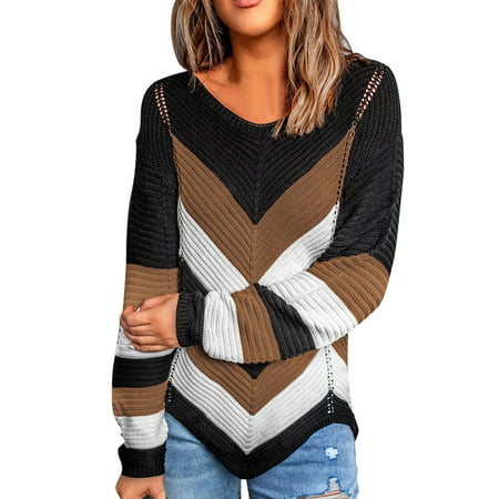 GWAABD Waffle Knit Crop Shirt Jacket Coat Woman Fashion Round Neck Loose Long Sleeve Colorblock Top Knit Sweater