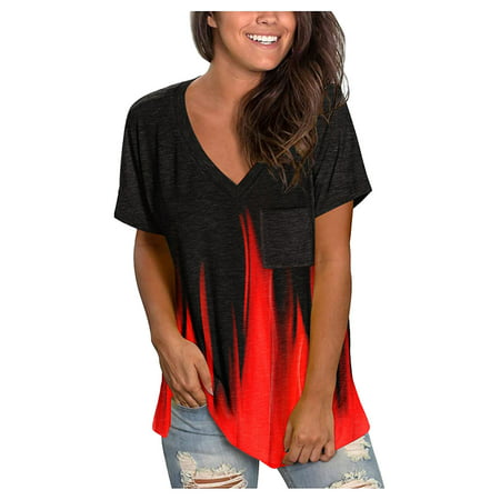 CLZOUD Summer Women Shirts Red Polyester Women S Short Sleeve V-Neck Print T Shirts Pocket Tunics Casual Tops Blouses Xl