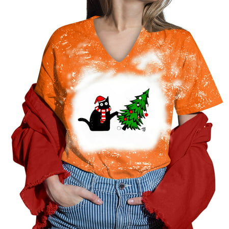 CLZOUD Womens Shirts Summer Orange Women Printed Shirt for Womens Casual Short Tie Dye Sleeves Tops V Neck Tee Tunic Flower Loose Side Blouse Xxl