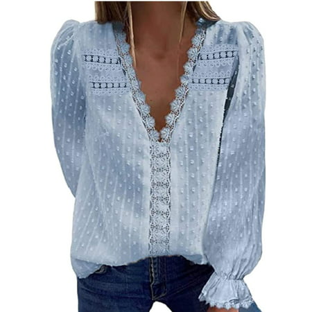 GWAABD Womens Square Neck Long Sleeve Top Women Fashion Casual V-Neck Solid Long Sleeves Lace Pullover Blouses Tops