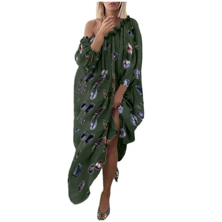 GWAABD Mid Length Summer Dresses Open Daily Women Maxi Plus Dress Vintage Casual Loose Shoulder Size Boho Print Women S Dress