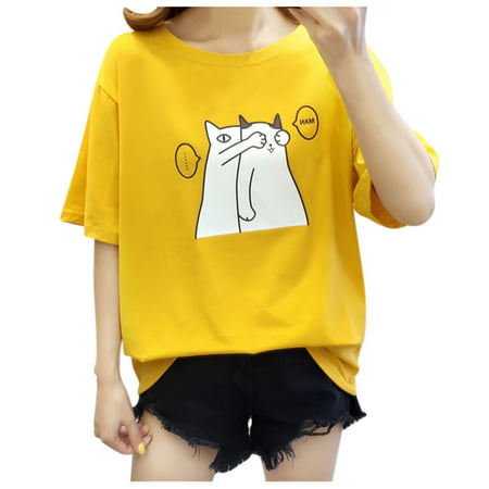 CLZOUD Womens T Shirt Summer Yellow Women Short Sleeve Cartoon Cat Printed Blouse Loose Tops Shirt T-Shirt Tunic Xl