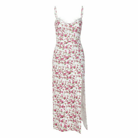 CLZOUD Women Plus Size Dress Red Polyester Spandex Women S Dress Small Floral Slit Suspender Dress Lace Dress V Neck Vest Dress M