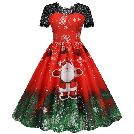 CLZOUD Pretty Dresses Red Polyester Women Short Sleeve Lace 1950s Housewife Evening Party Prom Dress M