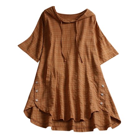 CLZOUD Womens Fitted Shirts Yellow Cotton Women Plaid Button Hooded High Low Plus Size Blouse with Pokcets Blouse 2Xl