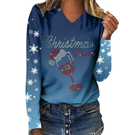 GWAABD Womens Summer T Shirts Womens Fashion V Neck Long Sleeve Christmas Print T Shirt Loose Long Sleeve Top