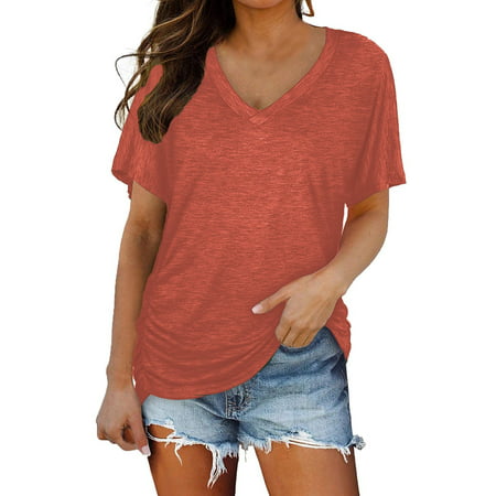 CLZOUD Shirts for Women Casual Summer Orange Short Sleeves V Neck Plain Color Soft Loose Fitting Summer T Shirts Women Xxl
