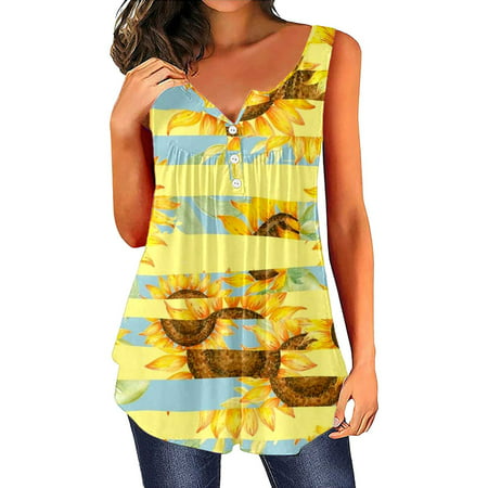 CLZOUD Tops for Women Casual Light Blue Women Summer Casual Simple Button V Neck Sunflower Print Tank Top Xxl