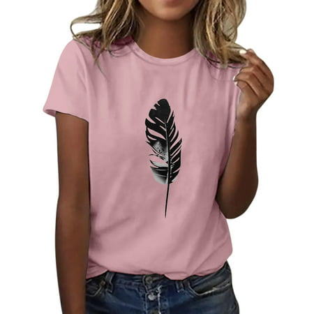 CLZOUD Work Shirt for Women Pink Polyester Spandex Cotton Womens Summer Top Casual Feather Print T Shirt Fashion Loose Short Sleeve Xxl
