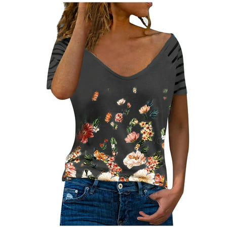 CLZOUD Shirts for Women Dressy Casual Black Polyester Women Spring Fashion V-Neck Stripe Loose Printed Patchwork Blouse Tops Pullover Xxl