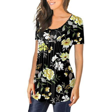 CLZOUD Womens T Shirts Trendy Black Women Summer Casual Tops Short Sleeves Tunic Button Print Series Tee Shirts Xl