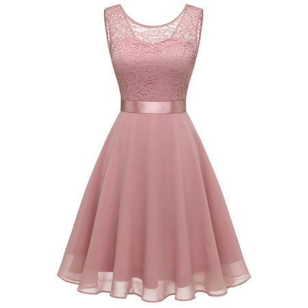 CLZOUD Summer Dress Casual Lace Women Short Floral Lace Bridesmaid Dress Female Knee Length Swing Party Dress S