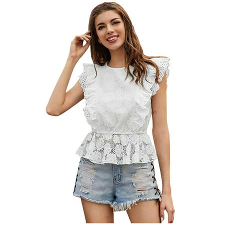 GWAABD Slim Shirts for Women Sleeveless Casual Lace O-Neck Blouse Tops Women Color Shirt Solid Women S Blouse