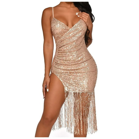 CLZOUD Flowy Dress for Women Polyethylene Women S Sequin V Neck Tassel Suspender Dress High End Slim Mid Length Dress Party Evening Dress M