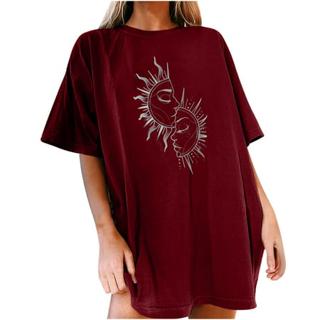 GWAABD Women Tunic Tops for Leggings Printed Blouse Casual and Sleeve Tops Vintage Moon Pattern Women S Short Sun Women S Blouse