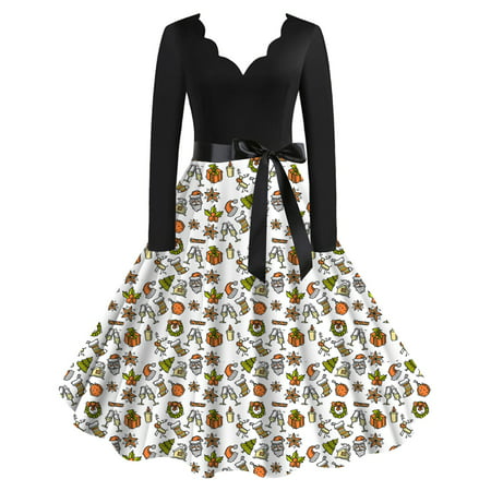 GWAABD Bohemian Dress for Women Summer Christmas Women S Classic Tea Dress Long Sleeve V Neck Dress with Belt Swing Party Dresses