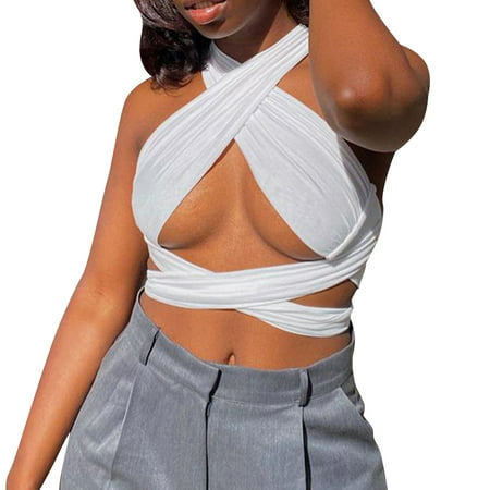 CLZOUD Women S Sleeveless Strappy Tank White Cotton Women S Ribbed Backless Crop Top Ruffle Strappy Camisole Cropped Tank Top M
