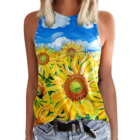 GWAABD Casual Square Neck Ruffle Sleeve Tie Back Summer Tank Tops Shirts Women Summer Casual Sleeveless Round Neck Tank Top Sunflower Flower Printed T