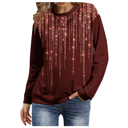 CLZOUD Shirts for Women Casual Summer Wine Ladies Long Sleeve Loose Casual Round Neck Print Sweatshirt Ladies Top Xl