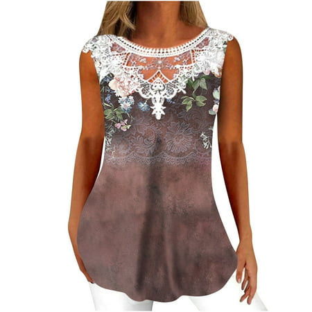 CLZOUD Short Camis Brown Tunic for Women Loose T Shirt Fit Comfy Fashion Flowy Sleeveless Round Neck Lace Blouse Xxl