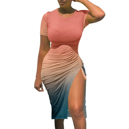 GWAABD Mothers Day Dresses for Women Women S Casual O Neck Sleeveless Short Sleeve Side Split Drawstring Waist MIDI Length Vest Dress