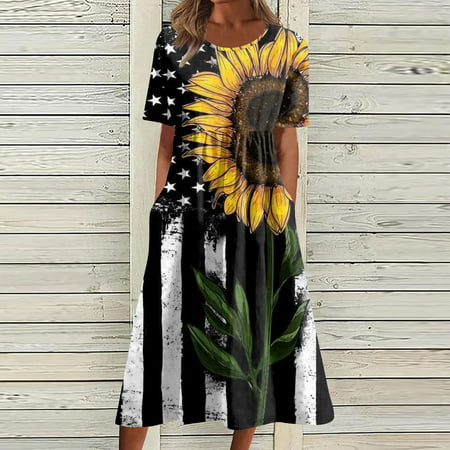 Perfect Summer Gift HIMIWAY Maxi Cheap MIDI Wedding Guest Plus Size Women 6229 Summer Loose Casual Large Size Independence Day V-Neck Sleeveless Dress