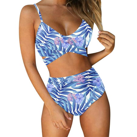 GWAABD Bikini Bottom Ruched Women Swimsuit 2 Piece Bathing String Waisted Criss Printed High Floral Swimwears Tankinis Set