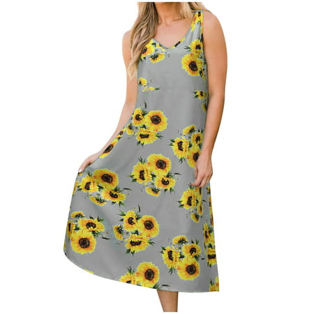 Summer Dresses for Women 4542 Fashion Women Casual V-Neck Summer Prints Loose Sleeveless Vest Camis Dress Summer Dresses Clearance