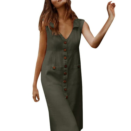 GWAABD Dress for Women with Sleeves Women S Summer Casual Solid with Buttons Sleeveless Mid Dress