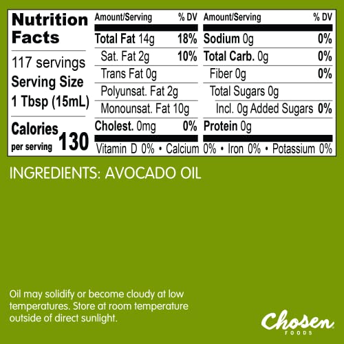 Chosen Foods 100% Pure Avocado Oil  Keto and Paleo Diet Friendly  Kosher Oil for Baking  High-Heat Cooking  Frying  Homemade Sauces  Dressings and Mar thumbnail