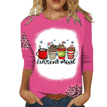 CLZOUD Summer Women Shirts Pink Womens Leopard Splicing Printing Three Quarter Sleeve Crew Neck T Shirt Loose Top Xl