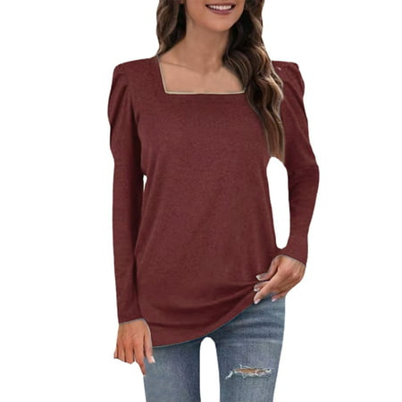 CLZOUD Business Shirts for Women Red Womens Square Neck Long Sleeve Puff Sleeve Top Solid Color Pullover Loose Casual T Shirt S
