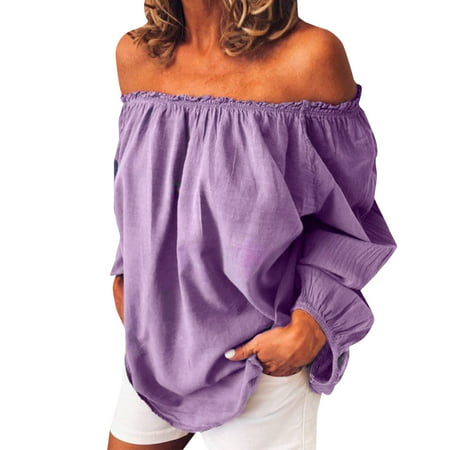 CLZOUD T-shirt Womens Purple Women S Blouse Off Shoulder Casual Sleeve T Shirt Shoulder Tops Size Summer Loose Ruffle Top M
