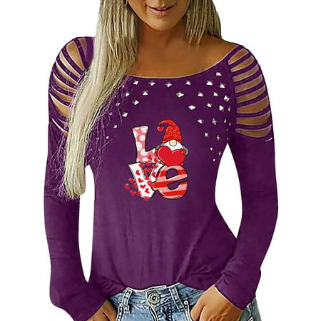 CLZOUD Womens Shirts Summer Purple Women S Hot Rhinestone Hollow Printing Casual Hollow Long Sleeve Top