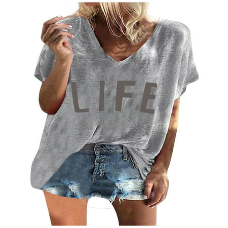 CLZOUD Womens Work Tops and BlousesCute Womens Underwear Grey Polyester Women S Fashion T-shirt Casual Print Short-sleeved Shirt V-neck Top Xl