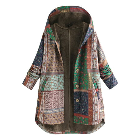 GWAABD Blue Flannel Shirt Women Women S Retro Printed Outwear Buttons Zipper Fashion Casual Pockets Hooded Long Sleeve Long Coat Plush Lined Jackets