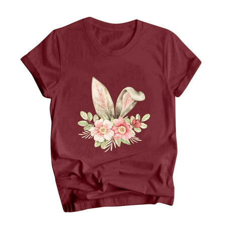 CLZOUD Womens Blouses Dressy Casual Wine Bunny Print T Shirt Loose Crew Neck Short Sleeve Top M