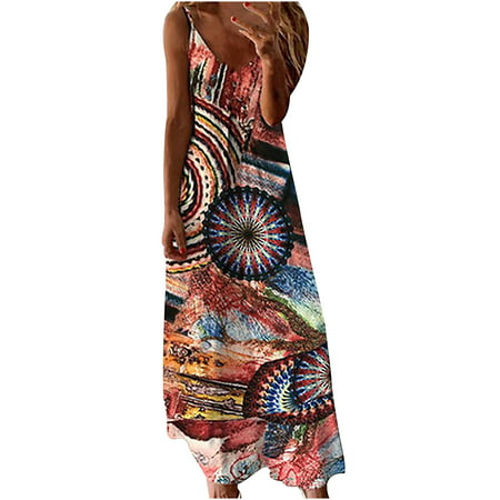 Guieoi Summer Dress Fashion Women Summer V-Neck Casual Printing Loose Sleeveless Loose Long Dress Summer Dresses 6249 on Clearance