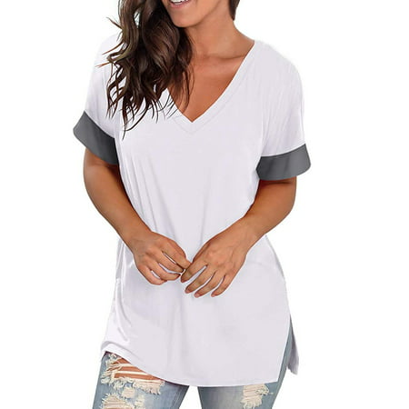 CLZOUD Womens Casual Shirts White Polyester Women S Casual Comfort V-Neck Solid Color Stitching Short Sleeve Blouse S