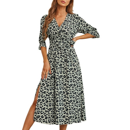 CLZOUD Women S Casual Dress Grey Silk Women S MIDI Leopard Dress Stylish Long Sleeves High Waist Dress Button Front Drawstring Belt a Lined Dress S