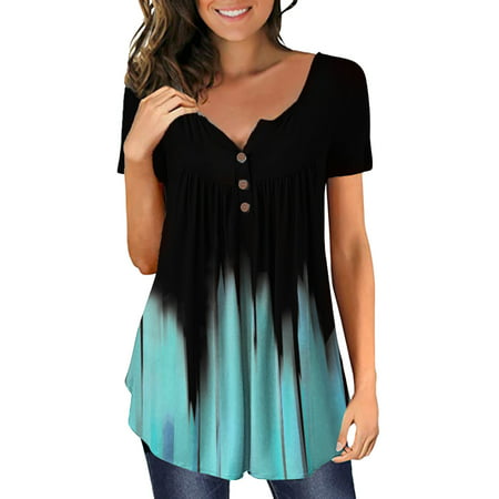 GWAABD Womens Long Sleeve Going Out Tops Women Plus Size Gradient Printed V Neck Short Sleeve T Shirts Button Pullover Tank Tops Blouse